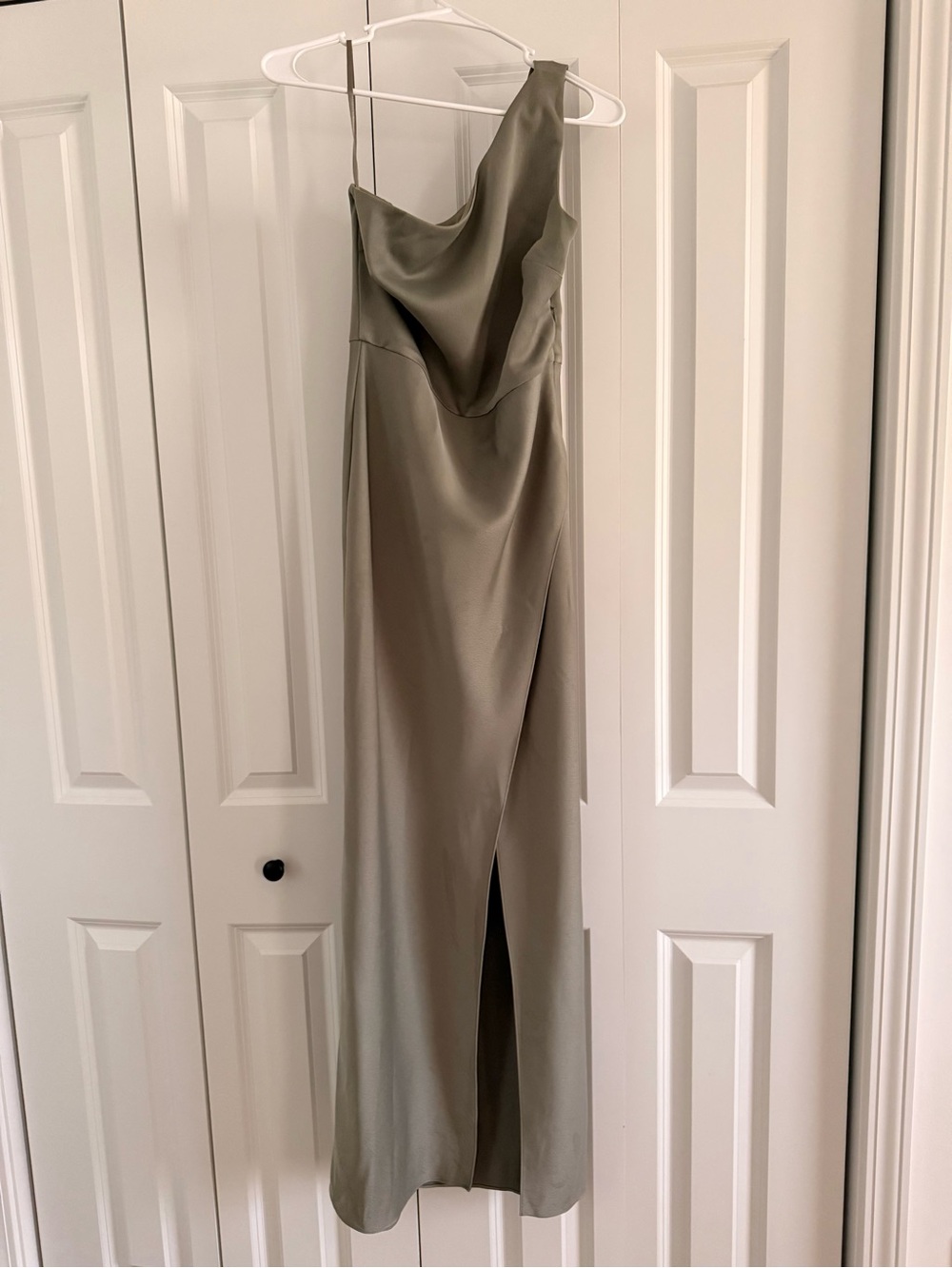 BHLDN Sage Green Asymmetrical One-Shoulder Satin Gown